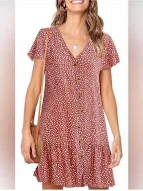 Polka Dot Button-Front Rust Mini Dress